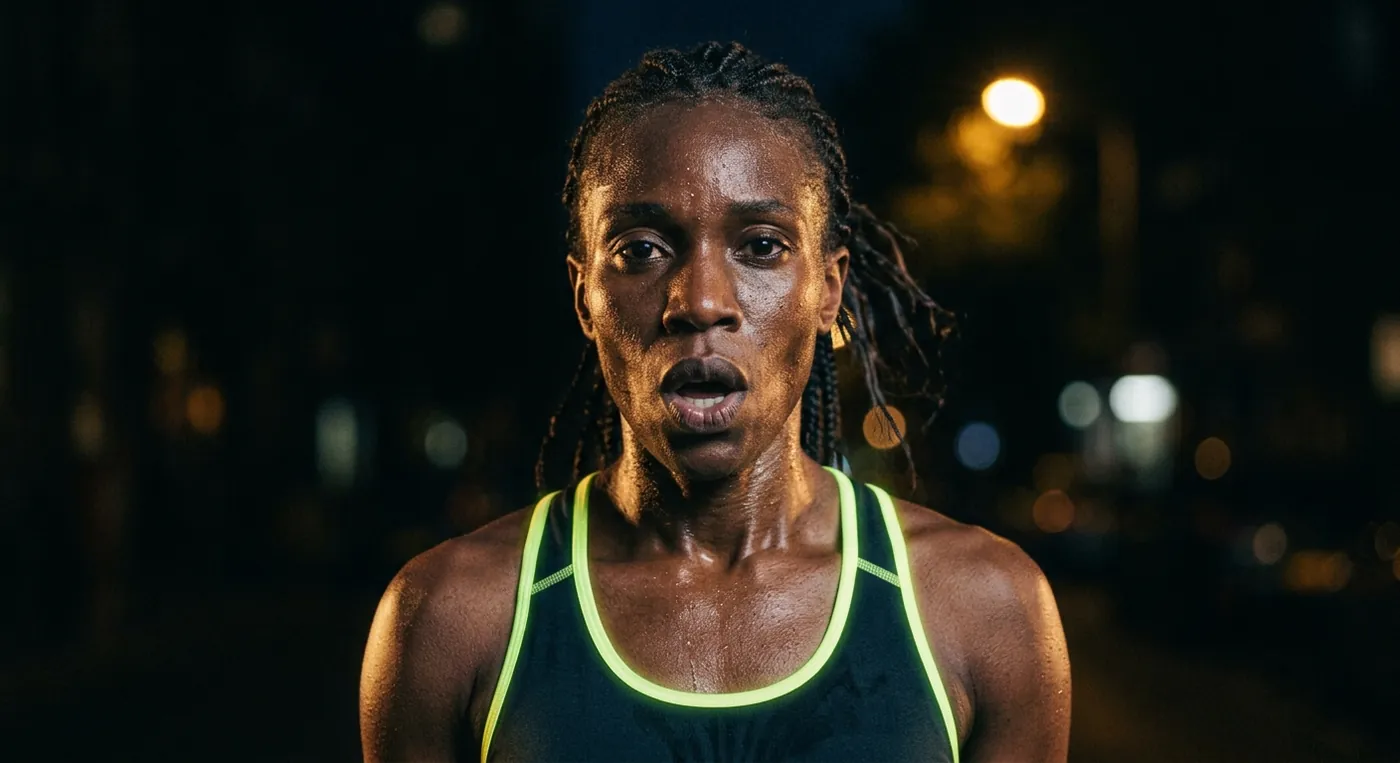Marathon runner Dana Okafor after a hard effort, wearing AeroFit