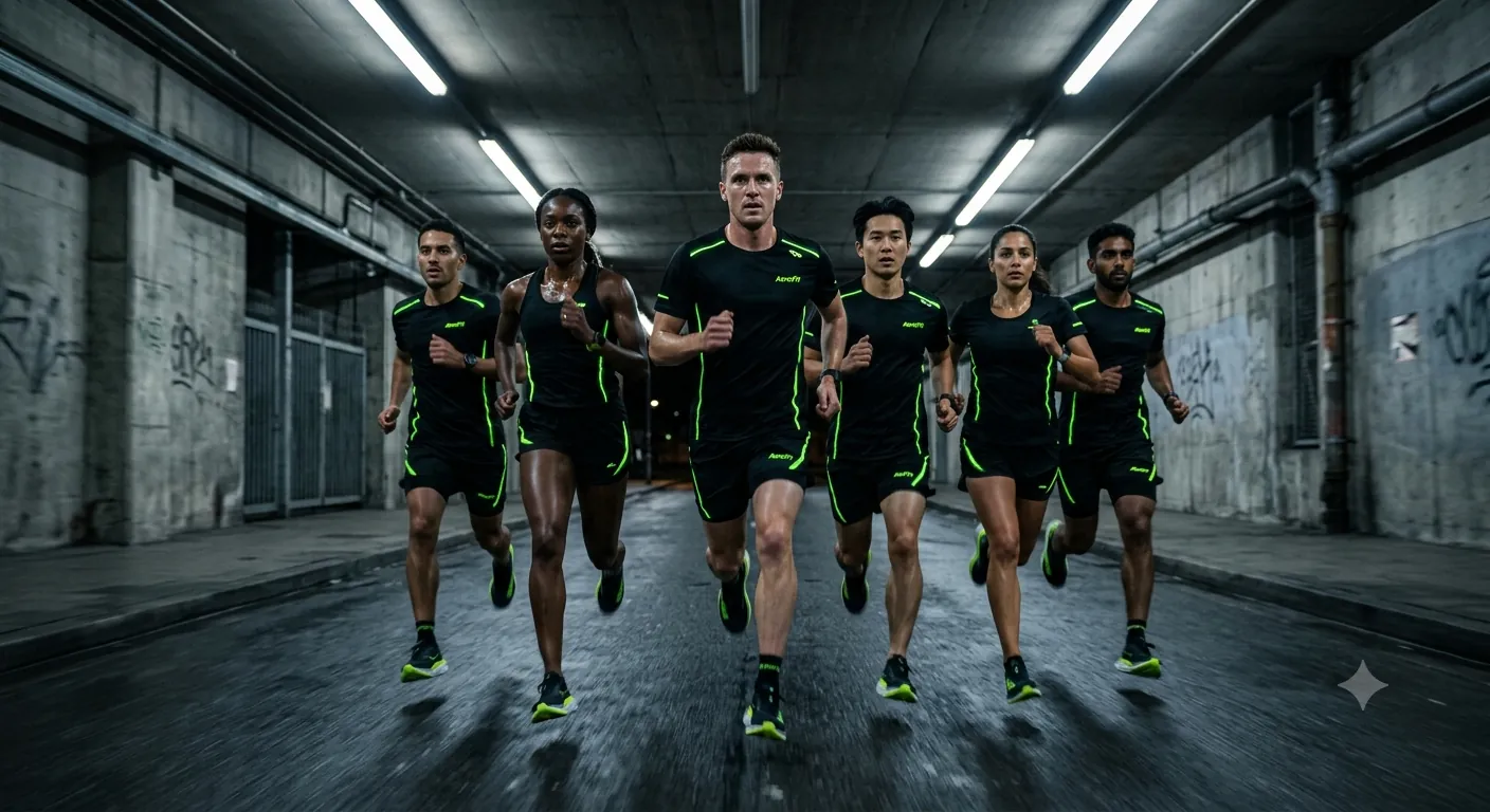 Six runners in AeroFit Velocity gear running in formation through a concrete tunnel at night, volt trim glowing