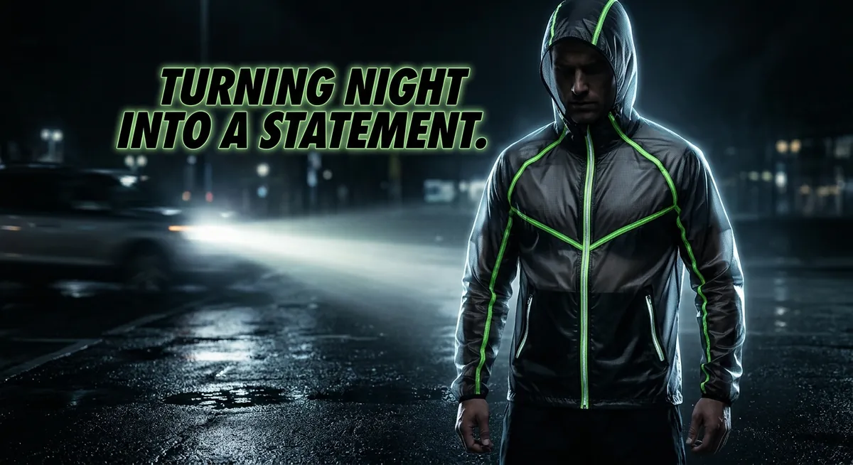 Nightshift Wind Shell — translucent hooded wind jacket with glowing volt taped seams, worn on a wet street at night