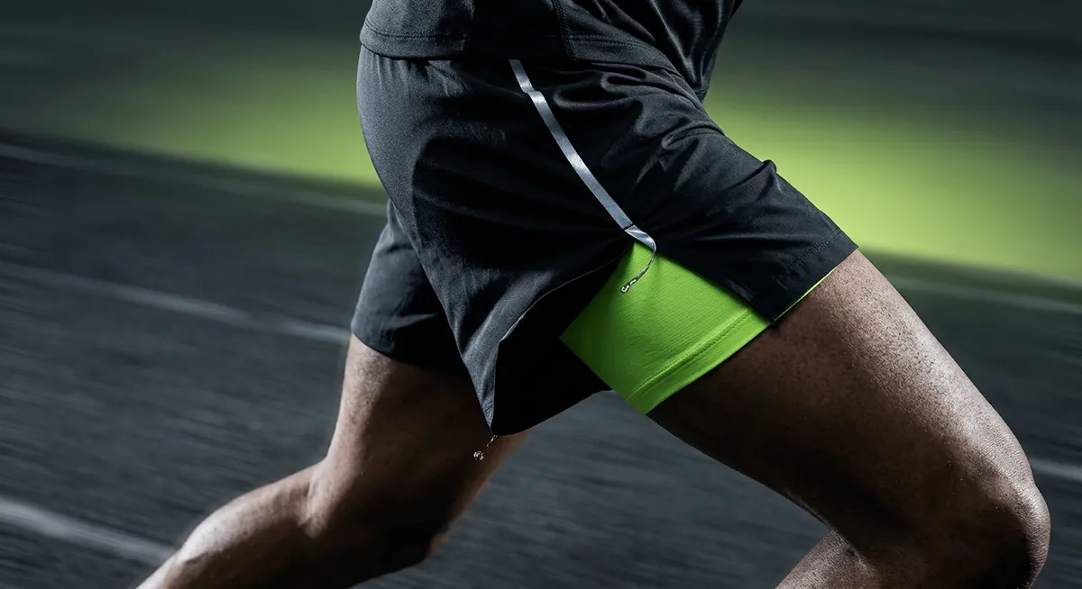 Split-Second 5-inch Short — black race short with volt inner liner and reflective side stripe, in stride on the track